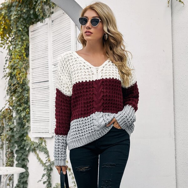 

Drop Shoulder Colorblock Waffle Knit Sweater, Multicolor