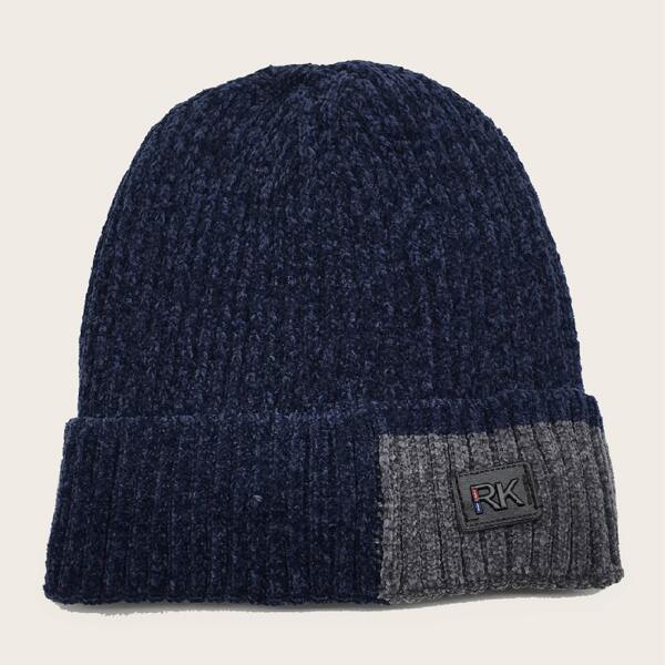 

Men Color Block Knit Beanie, Navy blue