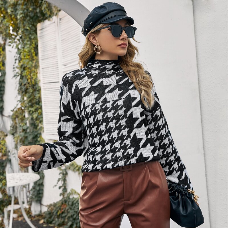 

Mock Neck Drop Shoulder Houndstooth Sweater, Black and white