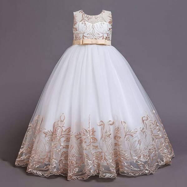 

Girls Embroidery Mesh Bow Back Gown Dress, White