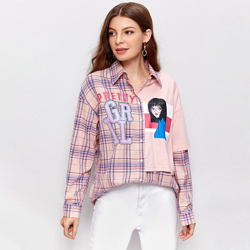 

Slogan & Figure Graphic 2 In 1 Plaid Blouse, Dusty pink