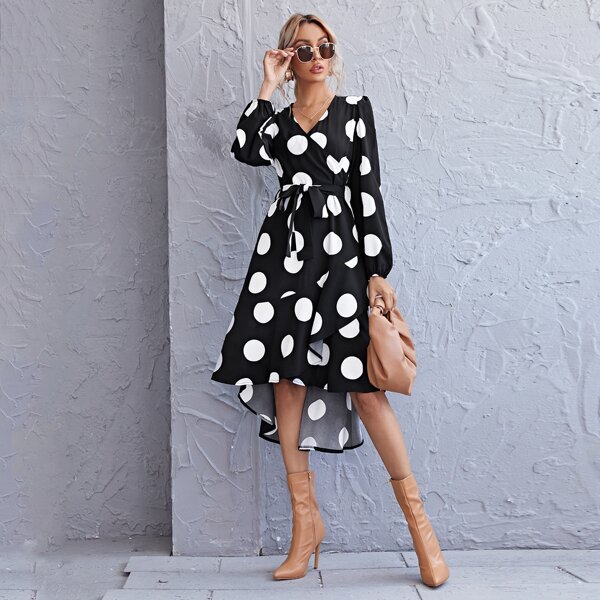 

Surplice Neck High Low Hem Belted Polka Dot Dress, Black