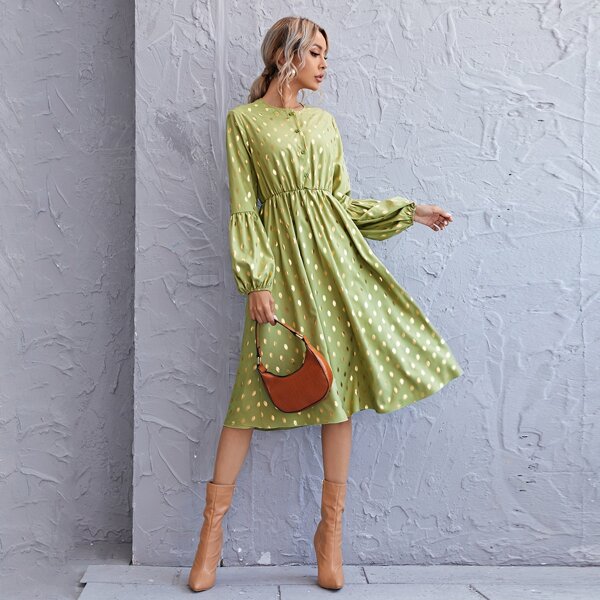 

Lantern Sleeve Gold Print Button Front Dress, Lime green