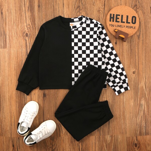 

Toddler Girls Checkerboard Spliced Sweatshirt With Joggers, Black