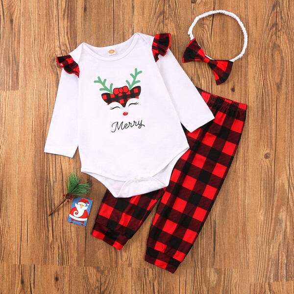 

Baby Girl Christmas Print Bodysuit & Gingham Pants & Headband, Multicolor