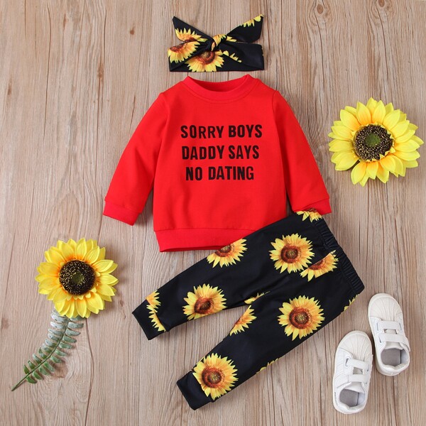 

Baby Girl Slogan Graphic Sweatshirt & Sunflower Pants & Headband, Multicolor