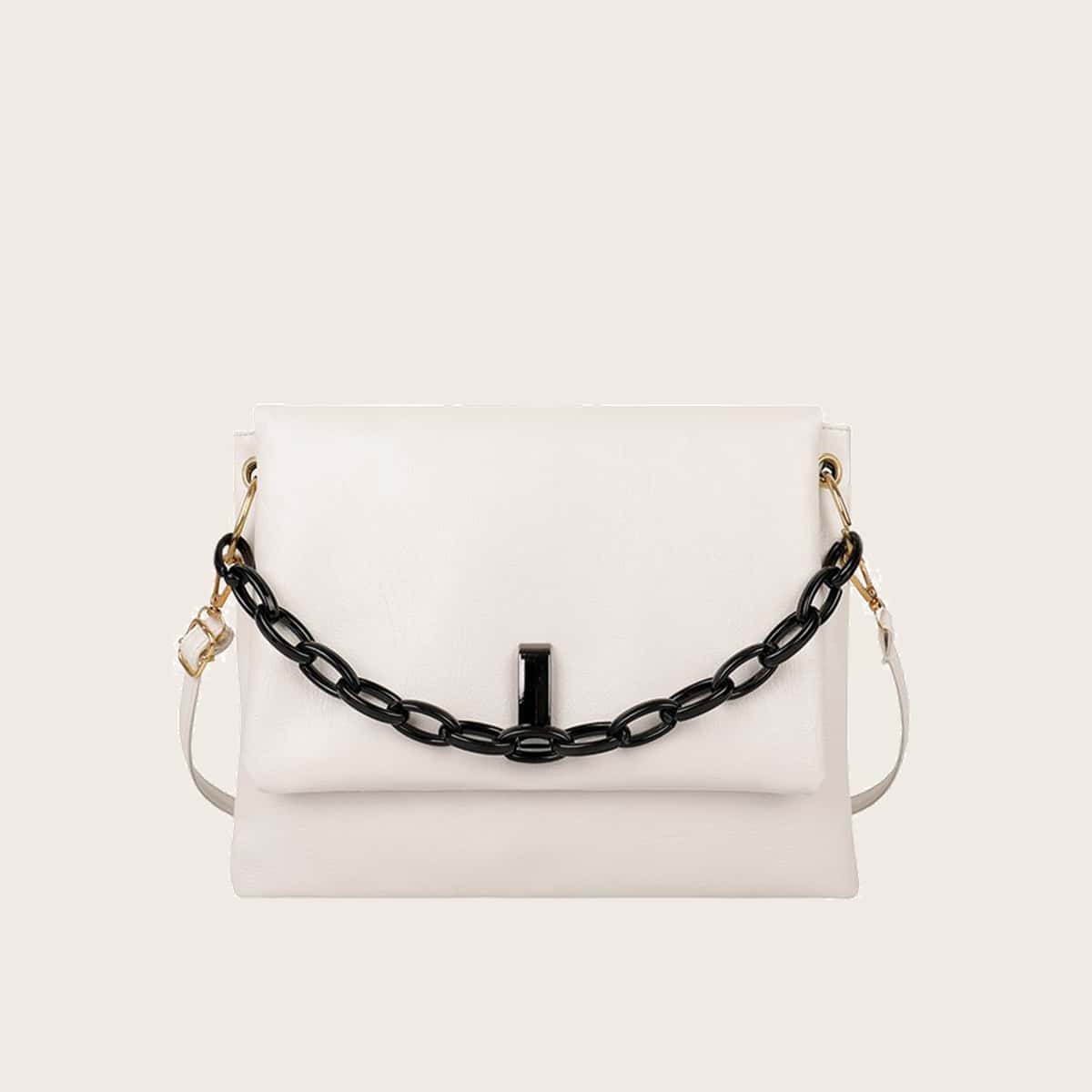 

Colorblock Chain Satchel Bag, White