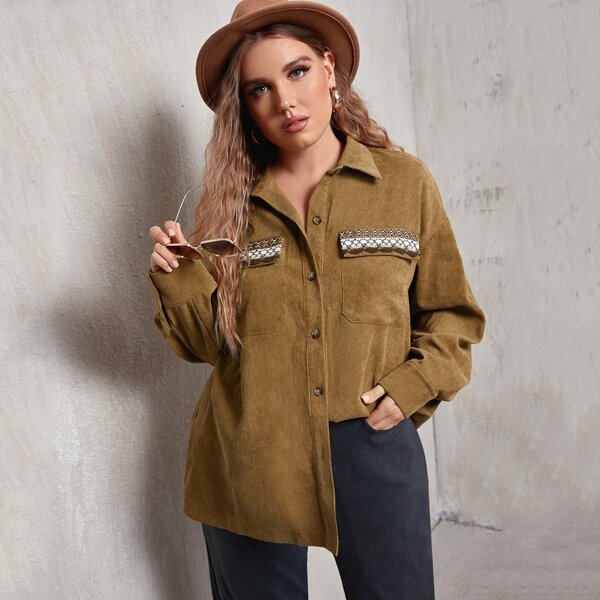 

Plus Geo Print Single Breasted Drop Shoulder Corduroy Jacket, Mocha brown