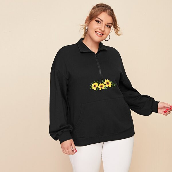 

Plus Sunflower Embroidered Drop Shoulder Zip Half Placket Sweatshirt, Black