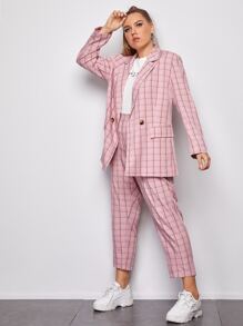 SHEIN Essnce Plus Double Button Front Plaid Blazer & Trousers Set - Baby Pink - View 3