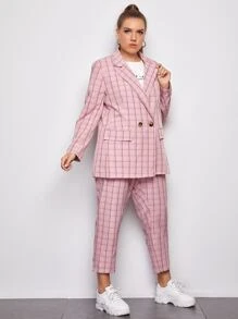 SHEIN Essnce Plus Double Button Front Plaid Blazer & Trousers Set - Baby Pink - View 4