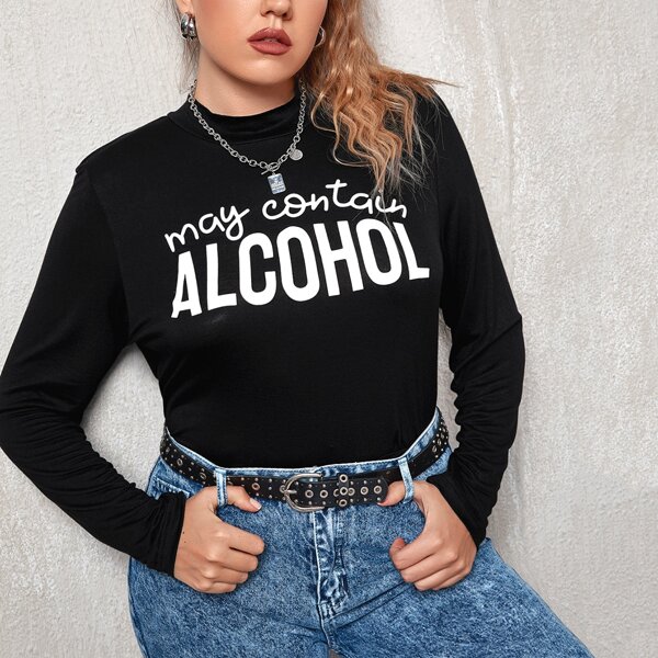 

Plus Slogan Graphic Mock Neck Tee, Black