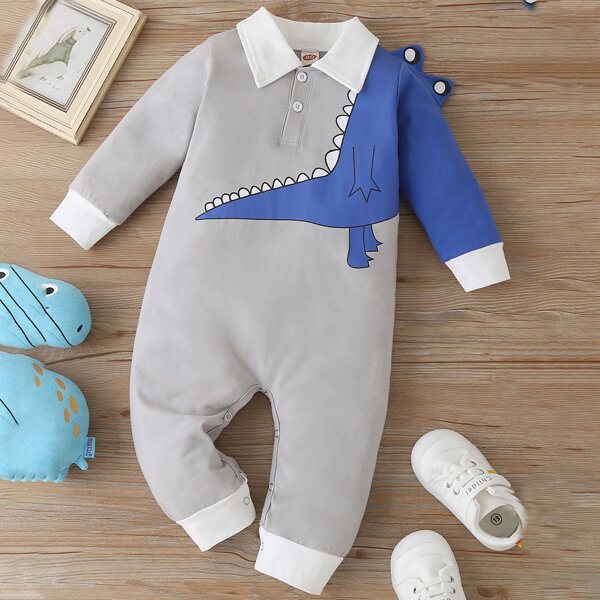 

Baby Boy 3D Eyes Design Cartoon Graphic Polo Neck Jumpsuit, Grey