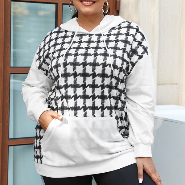

Plus Contrast Houndstooth Drawstring Hoodie, Black and white
