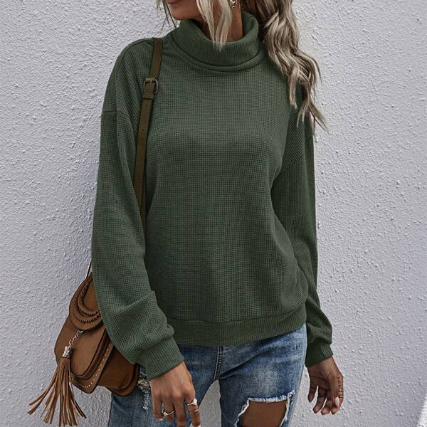 

High Neck Drop Shoulder Sweatshirt, Dark green