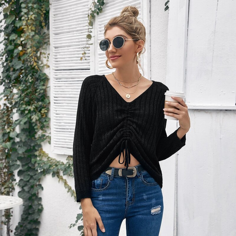 

Drawstring Front Raglan Sleeve Sweater, Black