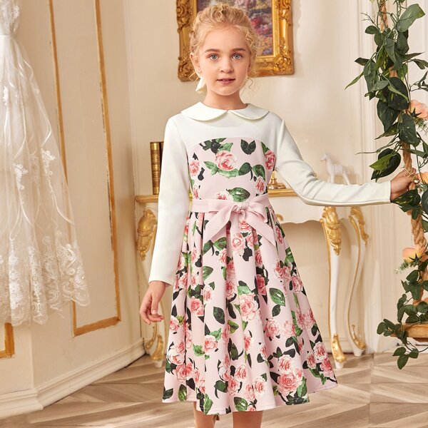 

Girls Peter Pan Collar Self Belted Floral Dress, Multicolor