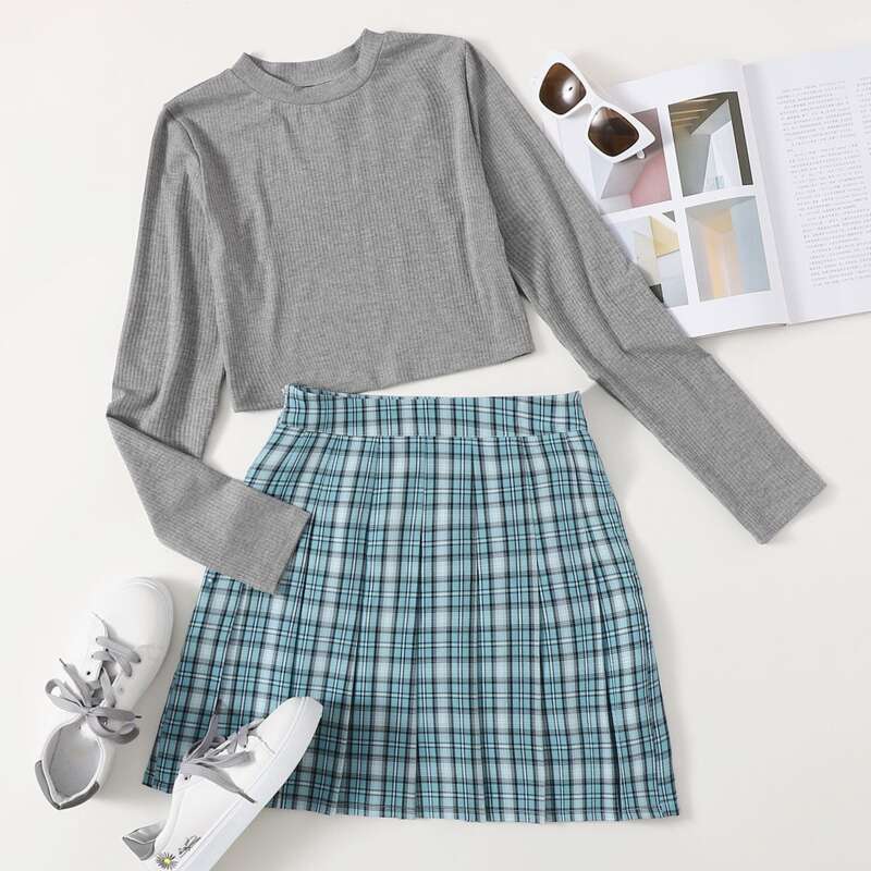 

Solid Ribbed Tee & Plaid Skirt, Multicolor