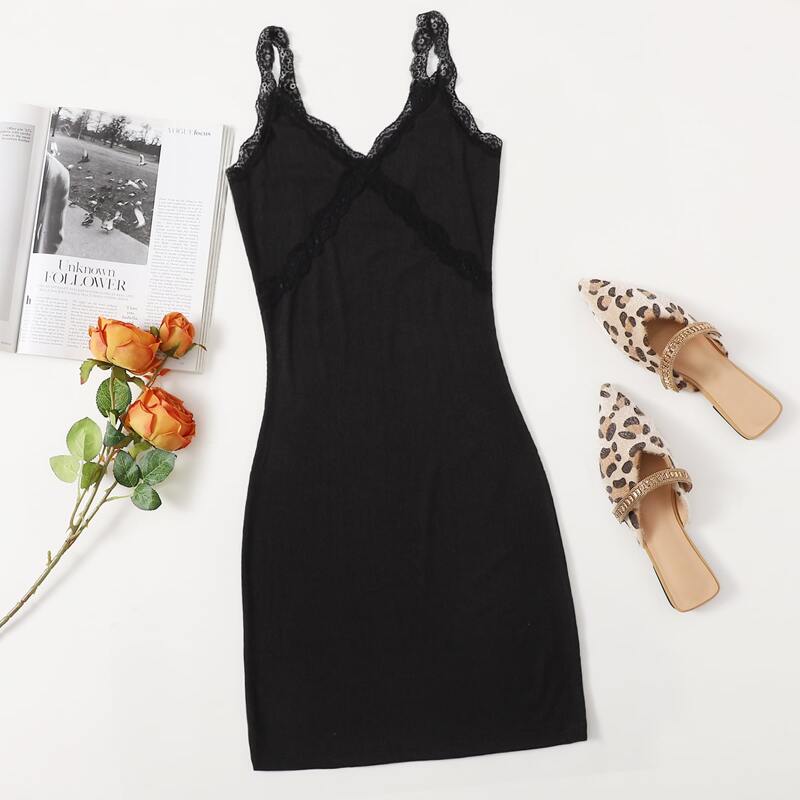 

Contrast Lace Bodycon Dress, Black