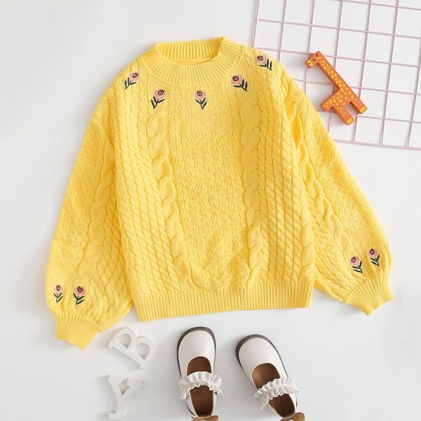 

Girls Floral Pattern Cable Knit Sweater, Yellow