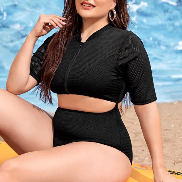 

Plus Cut-out Zip Front One Piece Swimsuit, Black