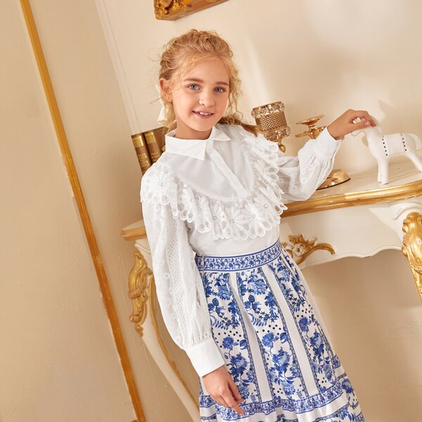 

Girls Embroidery Mesh Ruffle Trim Top, White