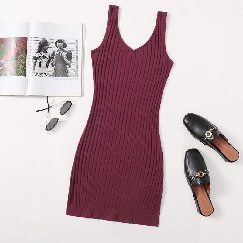 

Solid Ribbed Bodycon Dress, Rose red