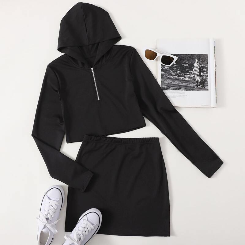 

Solid Half Zip Hooded Tee & Skirt, Black