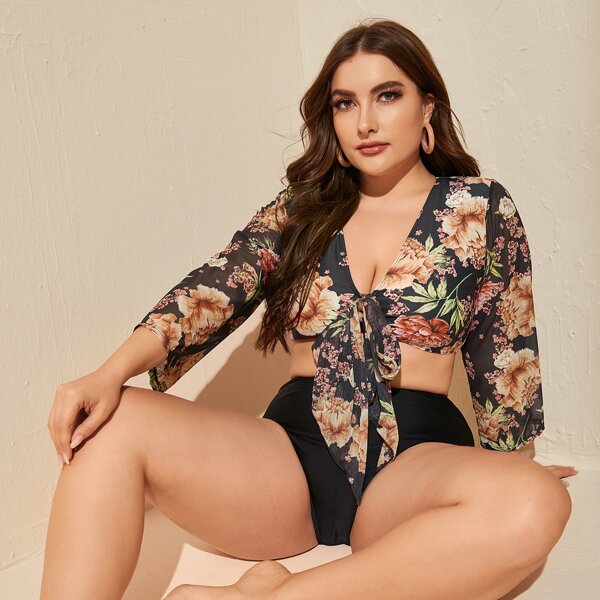 

Plus Floral Mesh Knot Front Bikini Swimsuit, Multicolor
