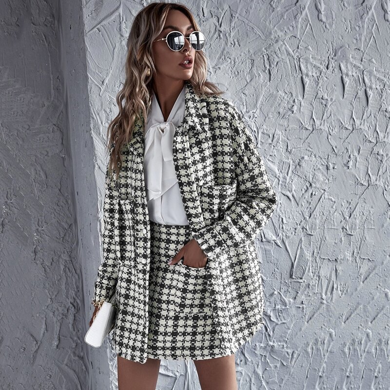 

Tweed Plaid Dual Pockets Oversized Overcoat, Black and white