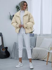 SHEIN Essnce 落肩拉鏈棉服夾克 - 米色 - 查看 5