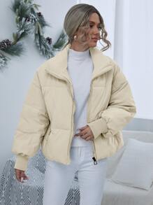 SHEIN Essnce 落肩拉鏈棉服夾克 - 米色 - 查看 6