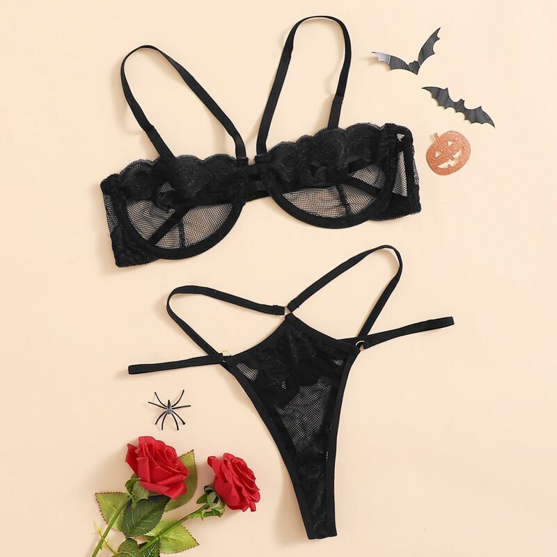 

Sheer Mesh Cut-out Lingerie Set, Black