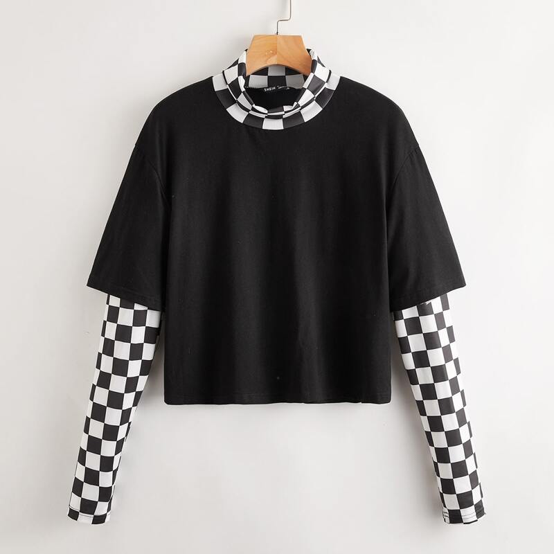 

2 In 1 Contrast Checkerboard High Neck Tee, Black and white
