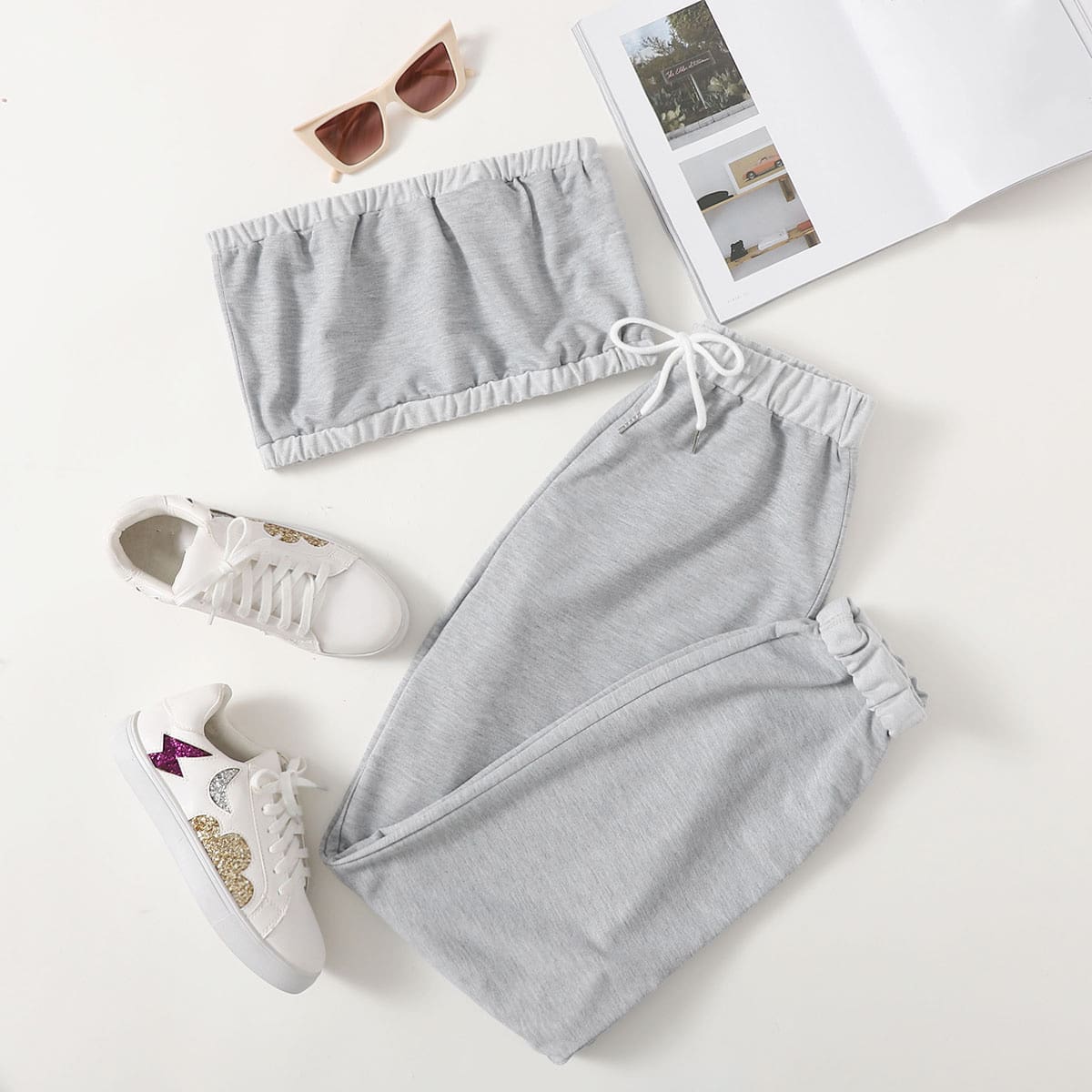 

Solid Crop Tube Top & Sweatpants, Light grey