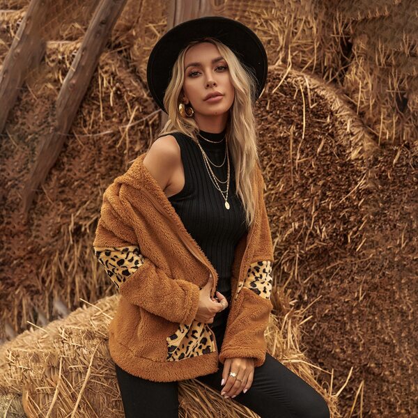 

Contrast Leopard Panel Zip Up Hooded Teddy Coat, Brown