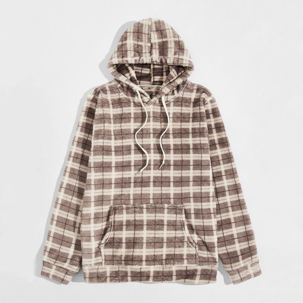 

Men Plaid Kangaroo Pocket Drawstring Teddy Hoodie, Multicolor