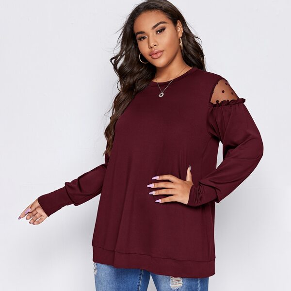 

Plus Contrast Dobby Mesh Frill Trim Sweatshirt, Maroon