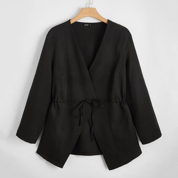 

Plus Drawstring Waist Asymmetrical Hem Coat, Black