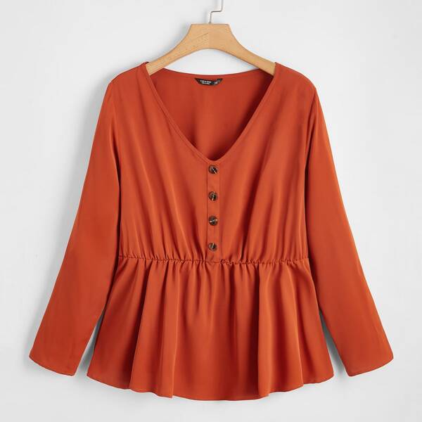 

Plus V-neck Button Babydoll Blouse, Burnt orange