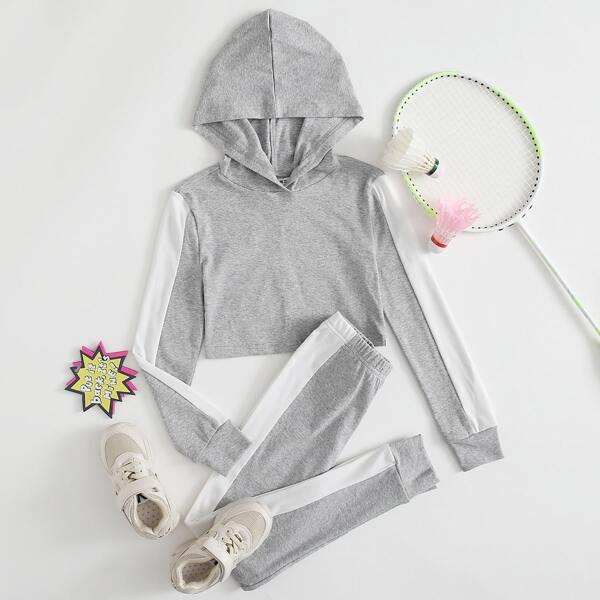 

Girls Contrast Sideseam Hoodie & Leggings Set, Light grey