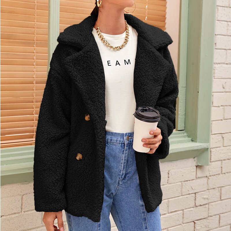 

Solid Lapel Neck Double Breasted Teddy Coat, Black