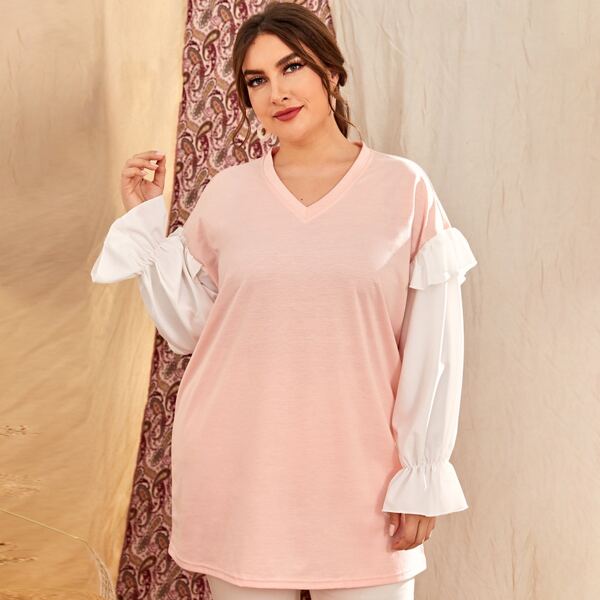 

Plus Contrast Flounce Sleeve Tee, Baby pink
