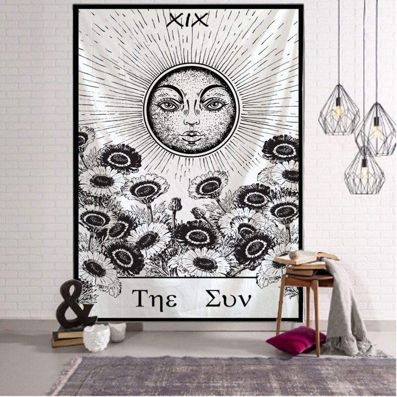 

Sun & Sunflower Print Tapestry, Black and white