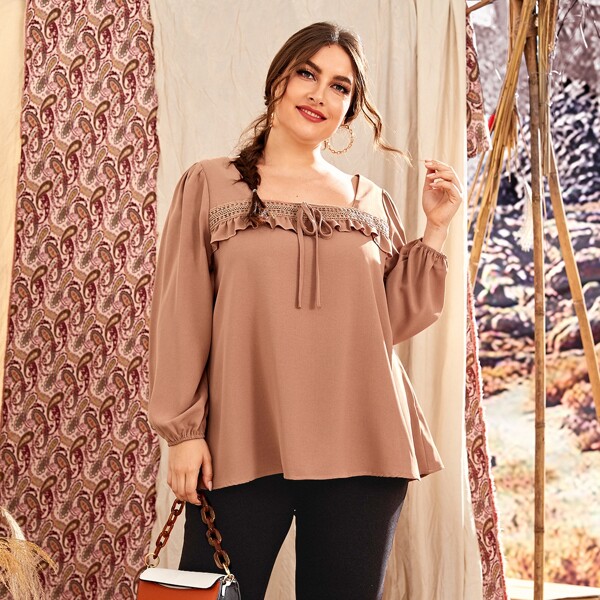

Plus Tie Front Frill Blouse, Apricot