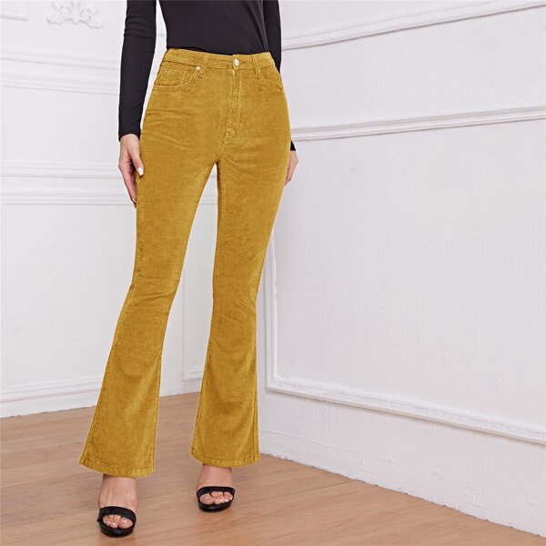 

High Waist Cord Flare Leg Pants, Mustard yellow