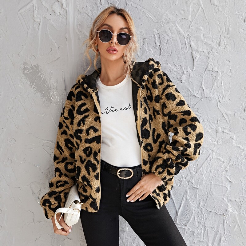 

Zipper Front Leopard Teddy Hooded Jacket, Multicolor