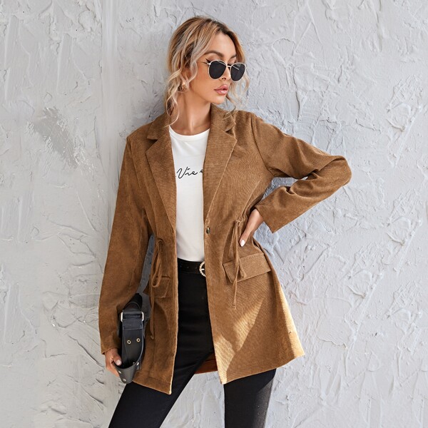 

Single Button Drawstring Waist Cord Blazer, Brown