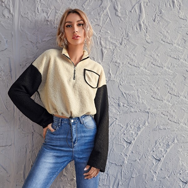 

Zipper Half Placket Colorblock Teddy Sweatshirt, Multicolor