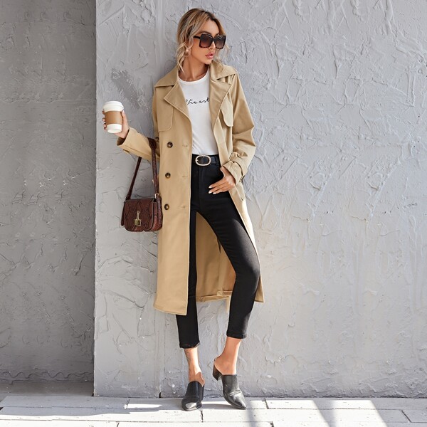

Notched Collar Double Breasted Belted Trench Coat, Khaki